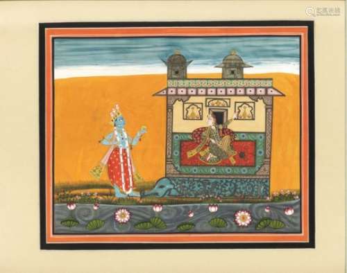 A GOOD 19TH / 20TH CENTURY INDO PERSIAN MUGHAL ART HAND PAINTED PICTURE ON PAPER, depicting a blue