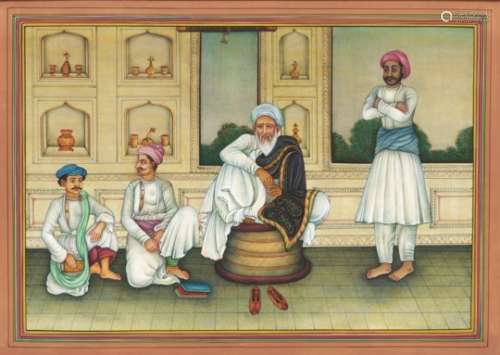 A LARGER 19TH / 20TH CENTURY INDO - PERSIAN MUGHAL PAINTING ON PAPER, depicting four seated