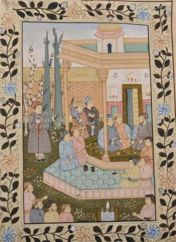 A 19TH CENTURY ISLAMIC SCHOOL / INDO PERSIAN MUGHAL WATERCOLOUR ON FABRIC, depicting figures