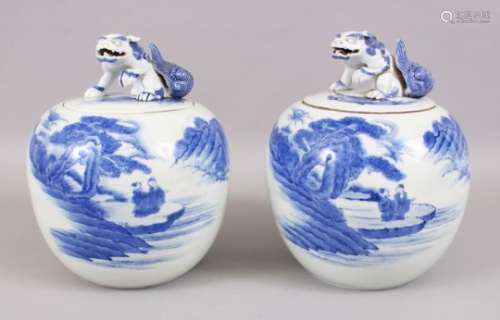 A GOOD PAIR OF JAPANESE MEIJI PERIOD BLUE & WHITE HIRADO PORCELAIN JARS & COVERS, the body of the