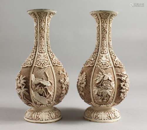 AN UNUSUAL PAIR OF 19TH CENTURY WHITE CINNABAR LACQUER HEXAGONAL BULBOUS VASES. 12ins high.