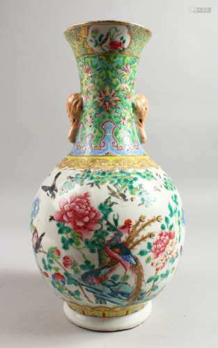 A GOOD 19TH CENTURY CHINESE FAMILLE ROSE BOTTLE VASE painted with birds, flowers and insects, with