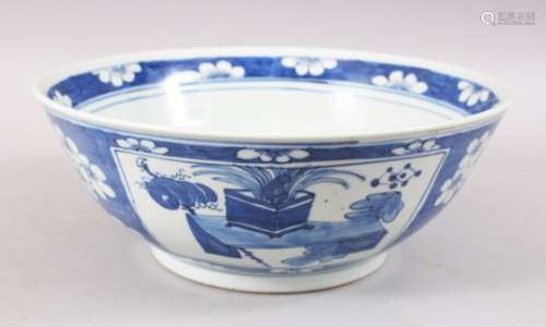 A GOOD 19TH CENTURY CHINESE BLUE & WHITE PORCELAIN PRUNUS BOWL, the exterior with panel decoration