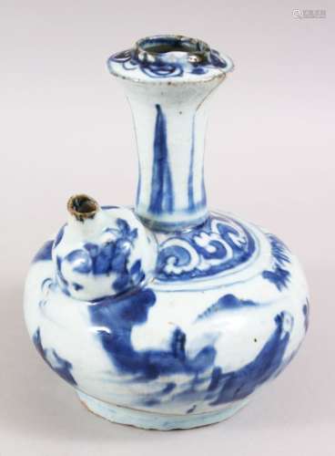 A GOOD 18TH / 19TH CENTURY CHINESE BLUE & WHITE PORCELAIN KENDI, with scenes of landscapes and