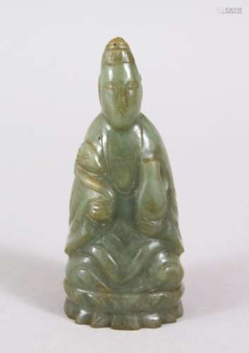 A SMALL CHINESE CARVED JADE / JADE LIKE GUANYIN FIGURE, in a seated position holding a ruyi