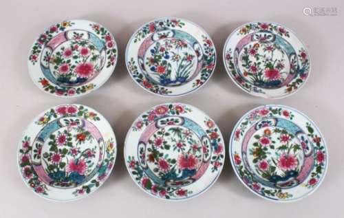 A SET OF SIX 19TH CENTURY CHINESE FAMILLE ROSE DISHES, decorated with floral display and floral