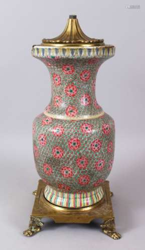 A GOOD 19TH CENTURY CHINESE PORCELAIN VASE, converted to a lamp, on a square brass base with claw