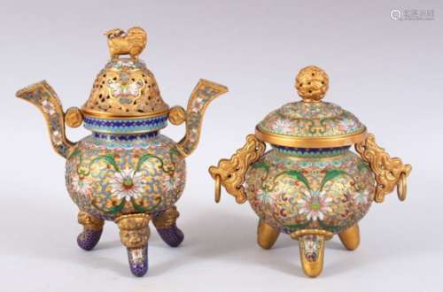 TWO GOOD 20TH CENTURY CHINESE CLOISONNE CENSERS & COVERS, the body decorated with scrolling lotus