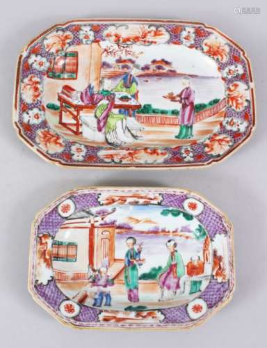 TWO GOOD 18TH CENTURY CHINESE MANDARIN FAMILLE ROSE PORCELAIN DISHES, Qianlong style, both decorated
