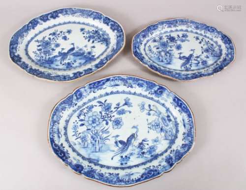 THREE 18TH CENTURY QIANLONG CHINESE BLUE & WHITE PORCELAIN DISHES, each dish decorated with scenes