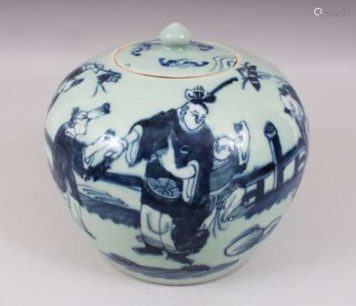 A 19TH CENTURY CHINESE CELADON BLUE & WHITE PORCELAIN GINGER JAR OF FIGURES, depicting five