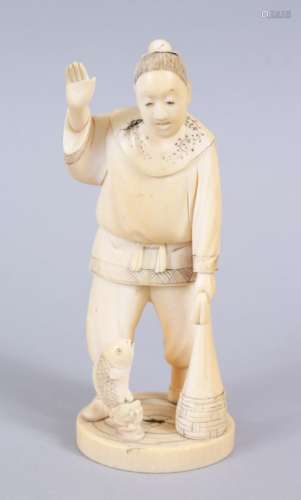A JAPANESE MEIJI PERIOD CARVED IVORY OKIMONO OF A FISHERMAN, the man stood holding his net, with one