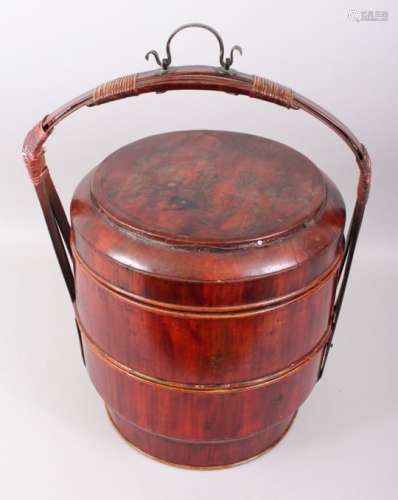 A GOOD CHINESE WOODEN & LACQUER TWO TIER WEDDING BASKET, the lid with lacquered decoration to depict