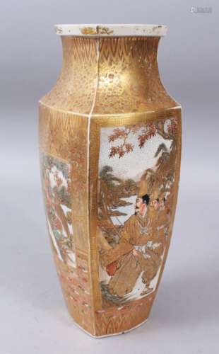 A JAPANESE MEIJI PERIOD SATSUMA SQUARE FORMED VASE, with decoration of immortals, quail and