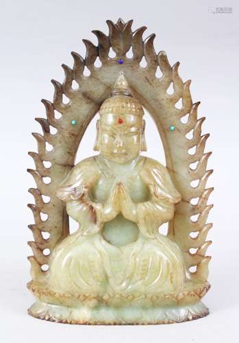 A LOVELY CHINESE CARVED JADE AND INLAID TURQUOISE & STONE BUDDHA / DEITY, in a seated position in