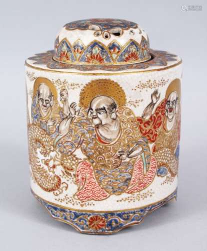 A GOOD JAPANESE MEIJI PERIOD IMPERIAL SATSUMA KORO, decorated with eight immortals, the base with