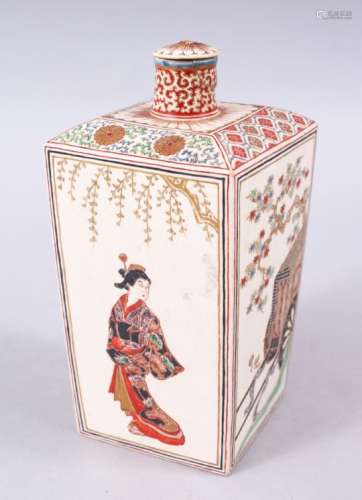 AN UNUSUAL JAPANESE MEIJI PERIOD SQUARE FORM SATSUMA BOTTLE & COVER, the side panels depicting a