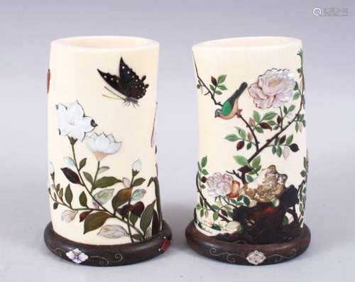 A PAIR OF JAPANESE MEIJI PERIOD CARVED IVORY & SHIBAYAMA TUSK VASES, decorated using semi-precious