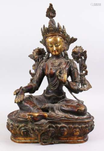 A GOOD LARGE 19TH / 20TH CENTURY THAI BRONZE BUDDHA / DEITY, sat on a lotus formed base, in a