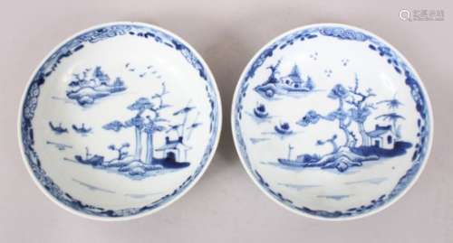 TWO 18TH CENTURY CHINESE BLUE & WHITE PORCELAIN DISHES, both decorated with scenes of temple