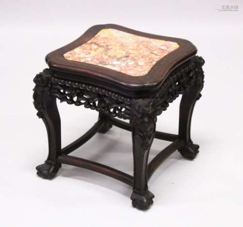 A GOOD 19TH CENTURY CHINESE HARDWOOD & MARBLE PLANT STAND, the top inset with marble, the frieze