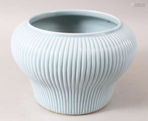 A GOOD CHINESE ROBINS EGG GROUND RIBBED PORCELAIN JARDINERE, the body ribbed, the base unglazed,