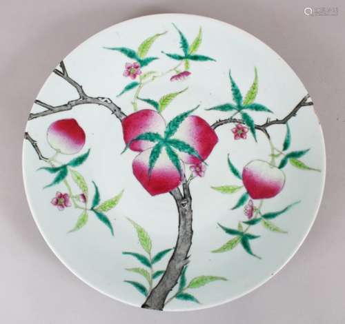 A GOOD 19TH / 20TH CENTURY CHINESE FAMILLE ROSE PORCELAIN PEACH CHARGER / DISH, the body decorated