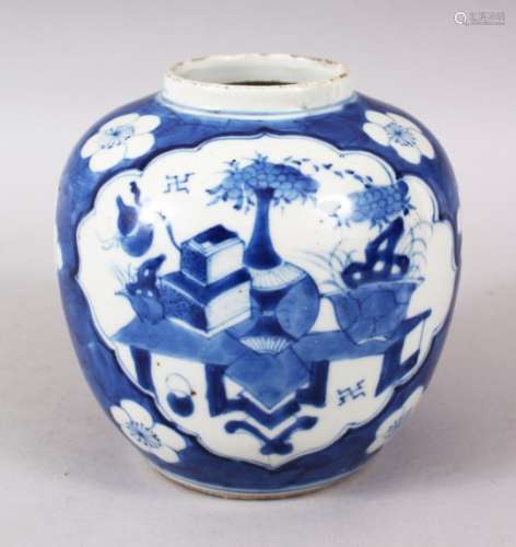 A GOOD 19TH CENTURY CHINESE BLUE & WHITE PORCELAIN PRUNUS GINGER JAR, decorated with panels of