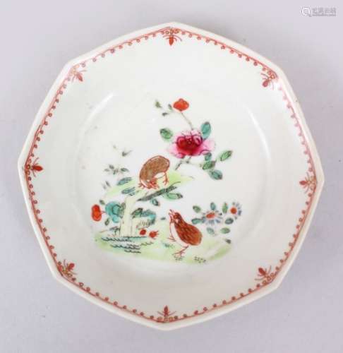 AN 18TH CENTURY CHINESE FAMILLE ROSE HEXAGONAL PORCELAIN SAUCER, decorated with scenes of quail