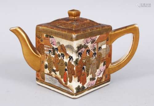 A JAPANESE MEIJI PERIOD SATSUMA TEA POT, decorated with scenes of figures in ceremony interior &