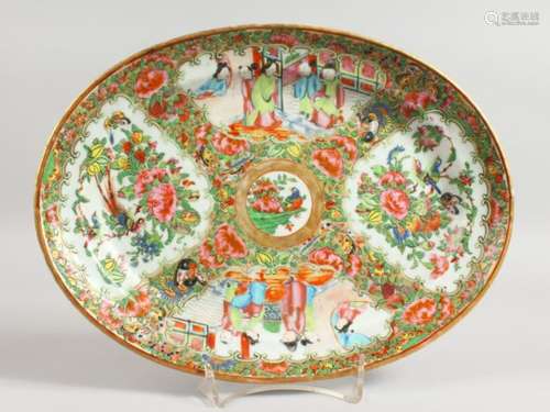 A 19TH CENTURY CHINESE PORCELAIN CANTON OVAL DISH with four panels of birds, butterflies and