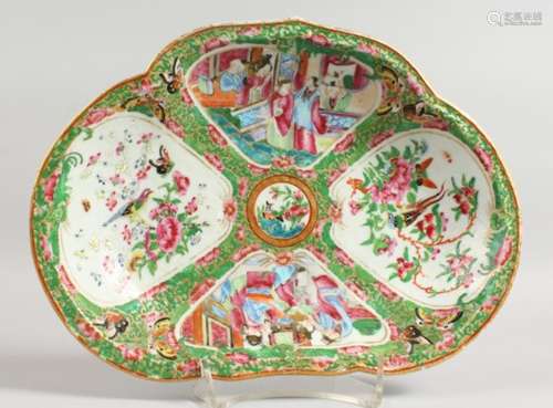 A 19TH CENTURY CHINESE PORCELAIN CANTON OVAL DISH with four panels of birds, butterflies and