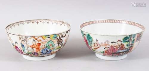 TWO 18TH CENTURY CHINESE FAMILLE ROSE MANDARIN PORCELAIN BOWLS, decorated with scenes of figures