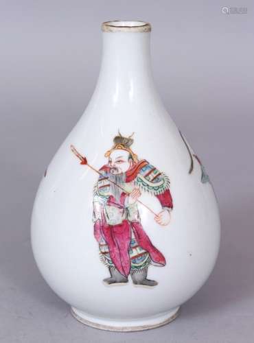 A SMALL 19TH CENTURY CHINESE FAMILLE ROSE PORCELAIN VASE, the pear-form body painted with three