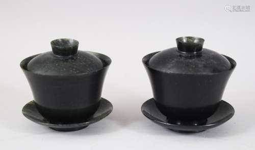 A GOOD PAIR OF CHINESE SPINACH JADE TEACUP SETS / BOWLS AND COVER, 9cm high overall x 9.5cm