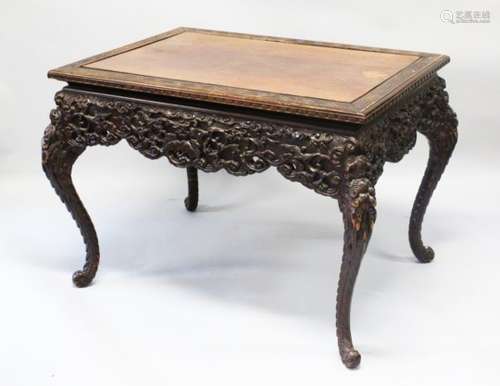 A LARGE 19TH / 20TH CENTURY CHINESE HARDWOOD CARVED SIDE TABLE, the table with an inset hardwood