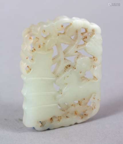 A GOOD 19TH / 20TH CENTURY CHINESE CARVED JADE BAMBOO & HORSE PENDANT, 5cm high x 4cm wide.