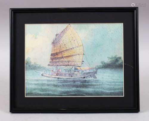A 19TH / 20TH CENTURY FRAMED CHINESE GOUCHE PAINTING OF A SHIP, 21cm high x 26cm wide.
