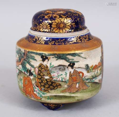 ANOTHER JAPANESE MEIJI PERIOD SATSUMA LIDDED KORO, with a blue ground, two panels decorated to