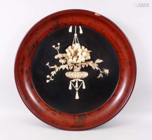 A GOOD JAPANESE MEIJI PERIOD CIRCULAR SHIBAYAMA & LACQUER PANEL, inlaid with the use mother of pearl