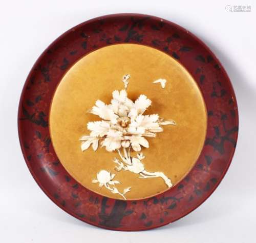 A GOOD JAPANESE MEIJI PERIOD SHIBAYAMA & LACQUER PANEL, with carved ivory to display floral scenes