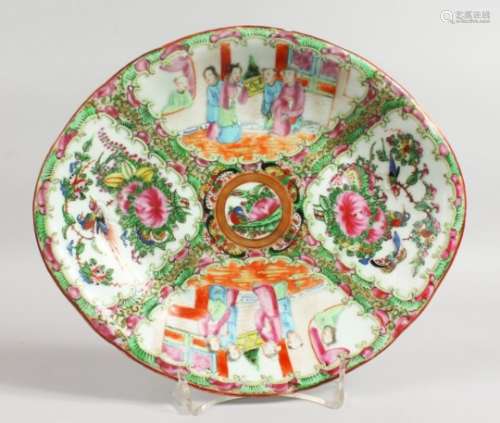 A 19TH CENTURY CHINESE CANTON PORCELAIN OVAL DISH with four panels of birds, butterflies and