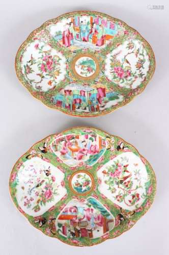 A GOOD PAIR OF 19TH CENTURY CHINESE CANTON FAMILLE ROSE PORCELAIN PLATES, both decorated with