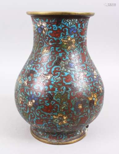 A GOOD EARLY? CHINESE CLOISONNE VASE, the body with formal floral decoration, possibly Ming dynasty,