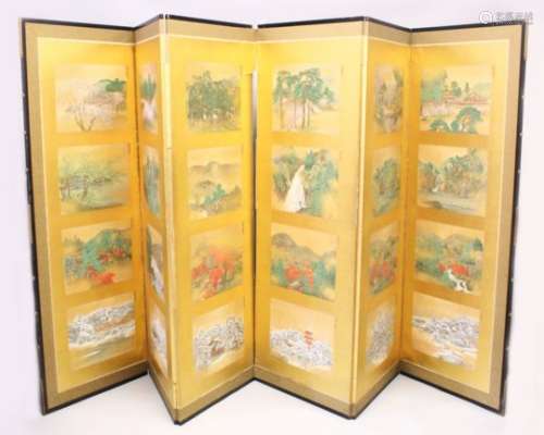 A GOOD 19TH / 20TH CENTURY CHINESE FOUR SEASON SIX FOLD PAINTED SILK SCREEN, the sections of the