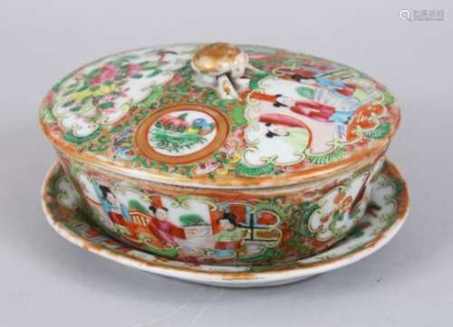 A 19TH CENTURY CHINESE CANTON FAMILLE ROSE PORCELAIN BOX, COVER & UNDERTRAY, the decoration of