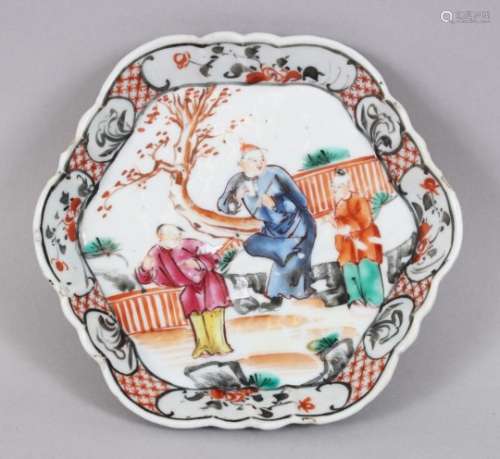 A 19TH CENTURY CHINESE FAMILLE ROSE PORCELAIN TEA POT STAND, decorated with scenes of figures