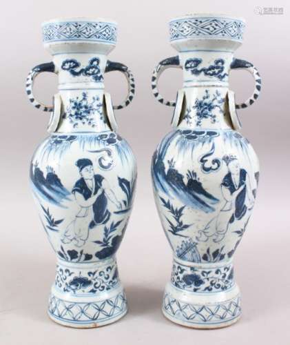 A GOOD PAIR OF CHINESE MING STYLE PORCELAIN TWIN HANDLE VASES, the body decorated to depict immortal