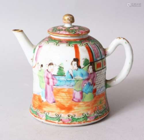 A 19TH CENTURY CHINESE CANTON FAMILLE ROSE PORCELAIN TEA POT & COVER, the body decorated with scenes