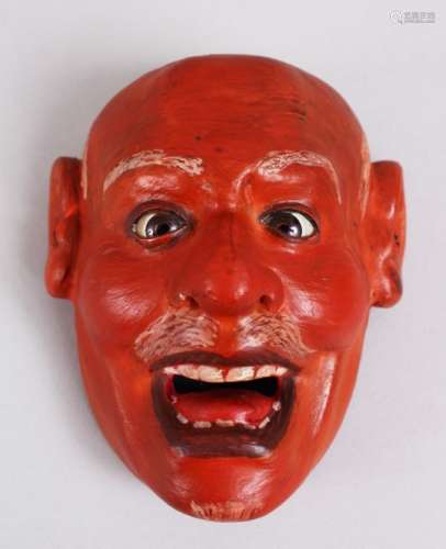 A JAPANESE MEIJI PERIOD PAPER MACHE / LACQUER NOH MASK, with inlaid eyes and painted detailing, 11.